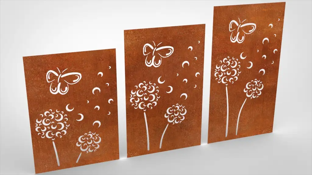 Doppelstabmattenzaun Sichtschutz Pusteblume abstrakt Cortenstahl